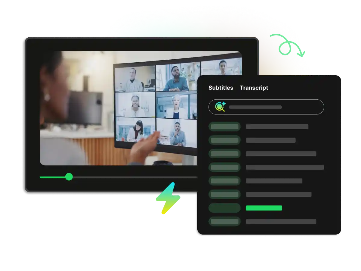 Tela mostrando uma interface de videorreunião com um painel de transcrição automática e legendas à direita.